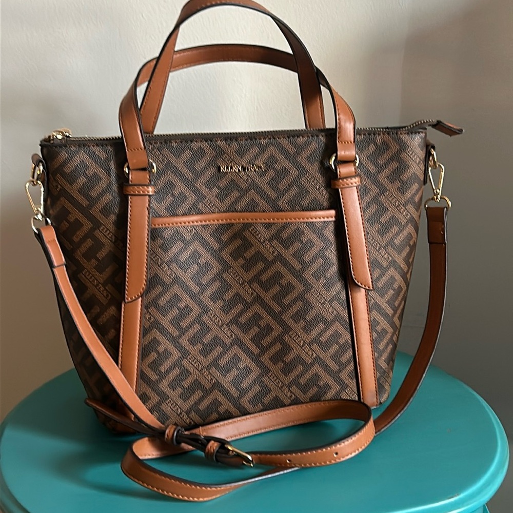 Ellen Tracy Brown Signature Collection Brown Logo Printed Tote with Strap